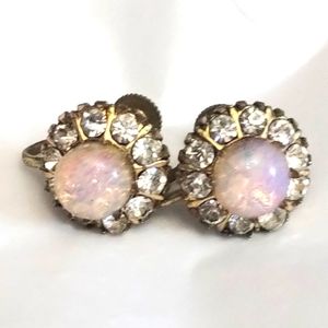 Vintage Foil Glass Cabochon Rhinestone Screw Back Earrings